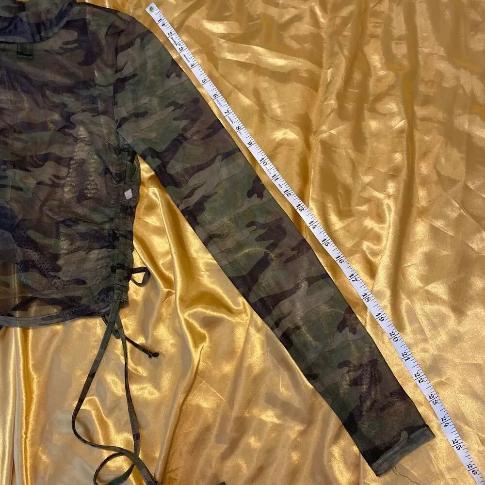Forever 21 Camo Long Sleeve Mesh Crop Top w/ Adjustable Side Drawstrings - Picture 5 of 5